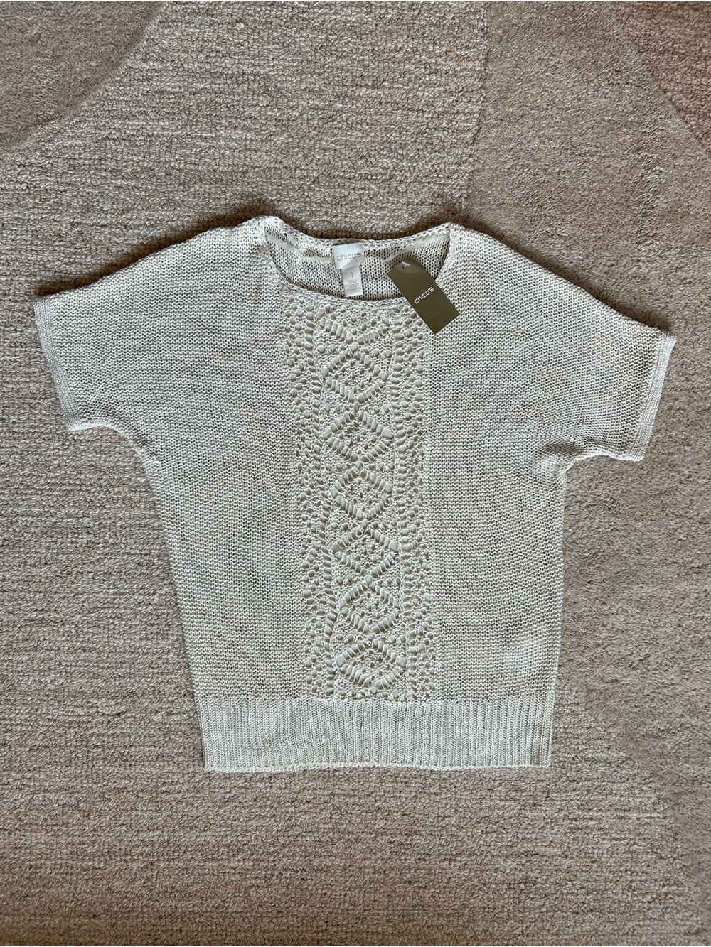 Chico's Cream Short-Sleeve Scoop Neck Knit Top with Center Lace Panel